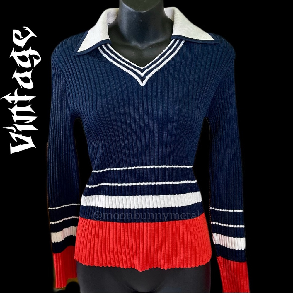 Vintage 60s 70s collar ski or ice skating skater striped knit sweater M
